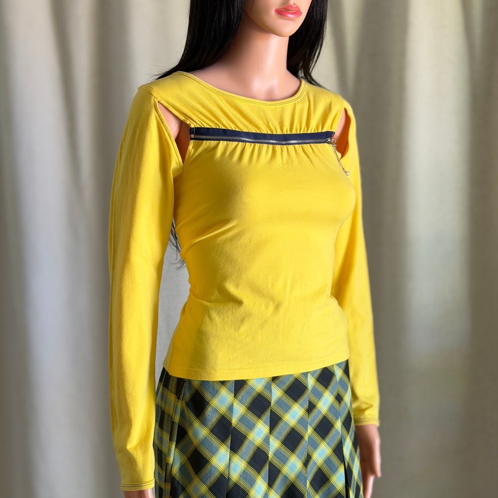 Vtg Y2K Pepe Jeans Yellow Cut Out Zipper Long Sleeve Top Cybercore Grunge XL